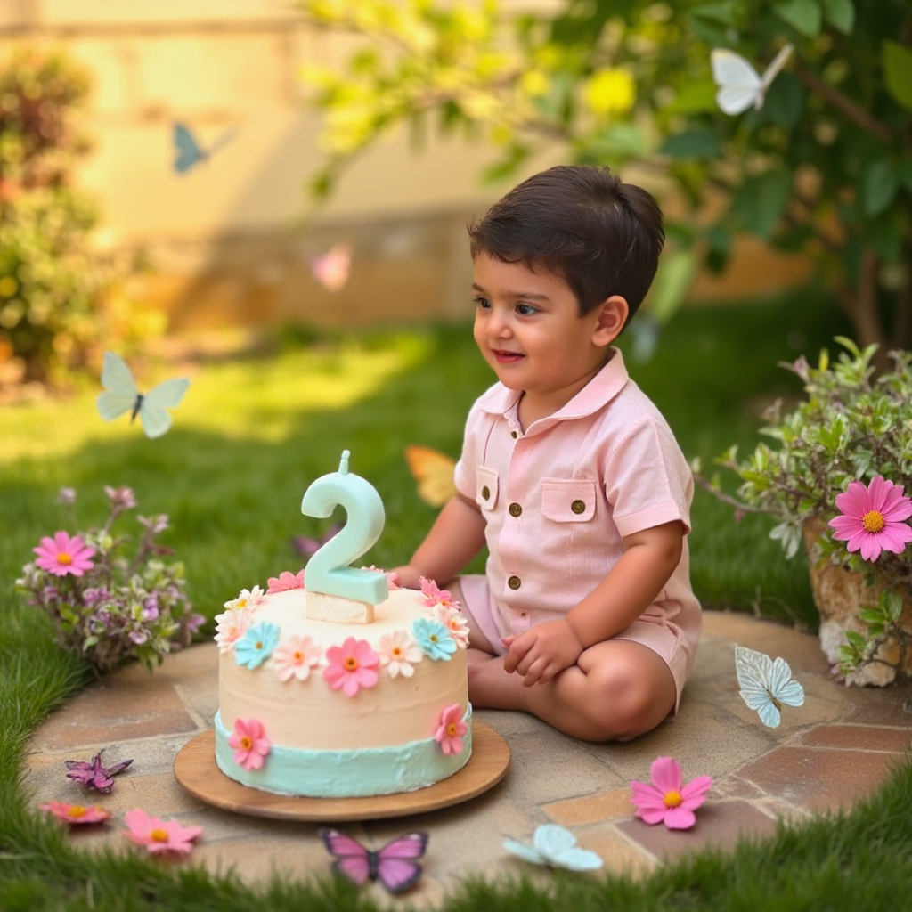 AI Headshot: A {prompt}  child celebrating their 2nd birthday in a beautiful outdoor setting surrounded by lush greenery, blooming flowers, and warm golden sunlight filtering through the trees. The child is dressed in a cute and comfortable birthday outfit, such as a pastel-colored dress or a smart button-up shirt with suspenders. In front of them is a beautifully decorated birthday cake with soft pastel frosting, floral designs, and a large number 2 candle on top. The child sits or stands near the cake. The scene is decorated with colorful balloons, fairy lights, and natural elements like butterflies, birds, and a soft breeze swaying the leaves. The atmosphere is warm, magical, and filled with joy, capturing the innocence and excitement of a child’s special day.