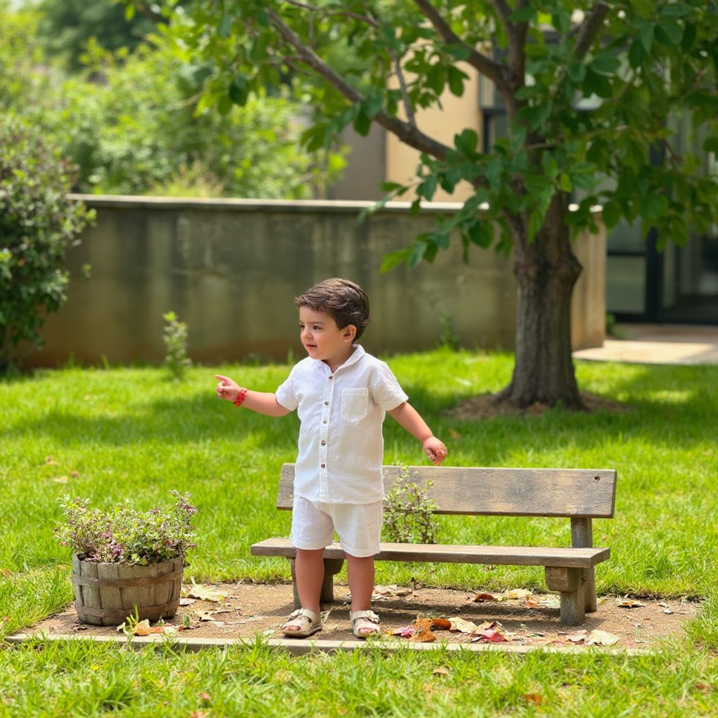 AI Headshot: A {prompt} child playing in a sunlit park or garden, surrounded by lush greenery and soft natural light. The scene includes rustic props like a small wooden bench, a basket of wildflowers, and scattered leaves, evoking a sense of wonder and gentle exploration.