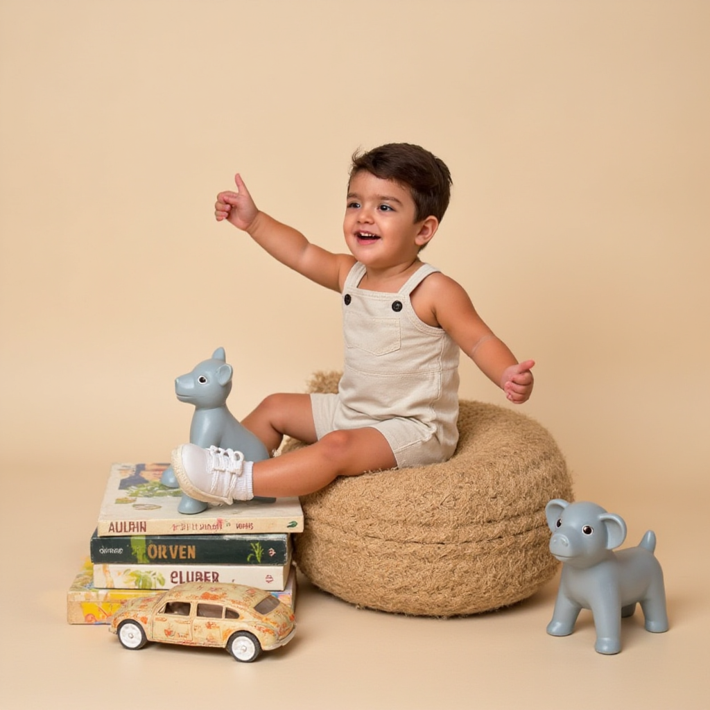 AI Headshot: A {prompt} child enjoying a relaxed indoor photoshoot against a clean, neutral pastel background. Simple props such as a woven blanket, a stack of classic storybooks, or vintage toys are artfully arranged to highlight natural expressions in a calm, inviting atmosphere.