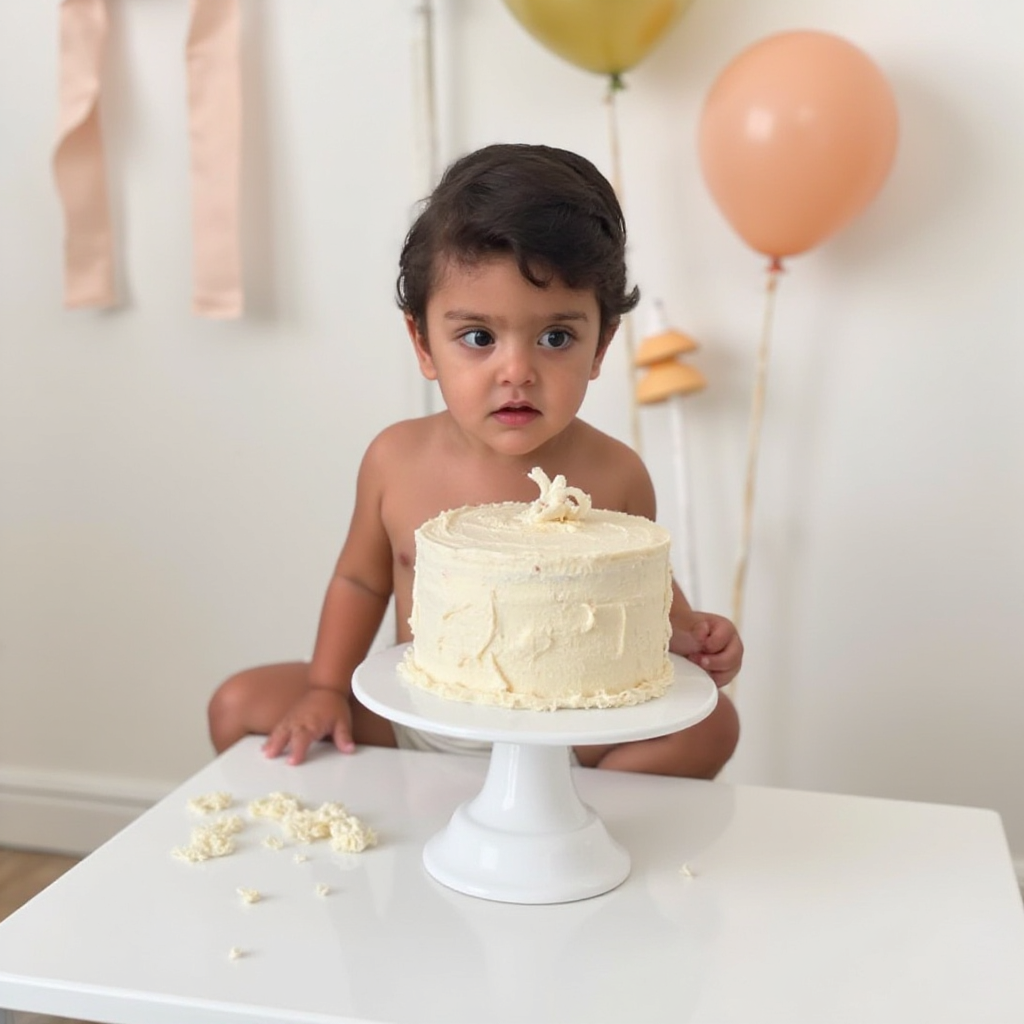 AI Headshot: A {prompt} child engaged in a cake smash session set in a minimalistic yet festive indoor space. A beautifully decorated cake in soft neutral hues sits on a simple table, while subtle streamers and a few balloons in gentle tones create a lighthearted, fun environment.