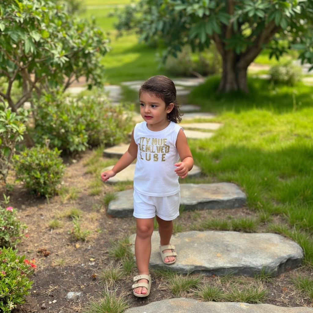 AI Headshot: A {prompt} child exploring an outdoor setting—like a quiet forest trail or a serene garden—where dappled sunlight filters through the trees. Natural elements such as rustic stepping stones and clusters of wildflowers set the stage for candid moments of joyful discovery.