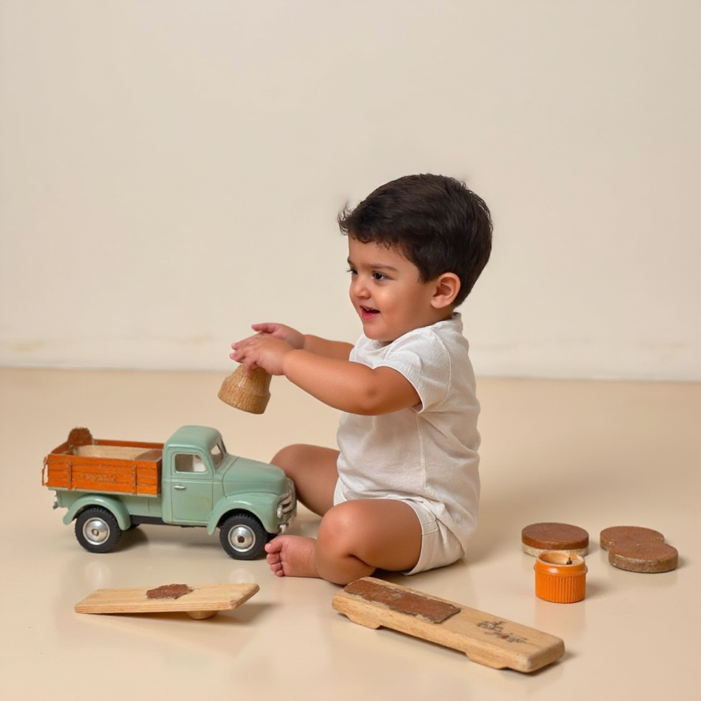 AI Headshot: A {prompt} child interacting with classic, timeless props in a minimalist setting. The backdrop is a smooth, neutral wall, and the child plays with objects like a vintage toy truck or a simple wooden puzzle, letting natural gestures and spontaneous expressions take center stage.