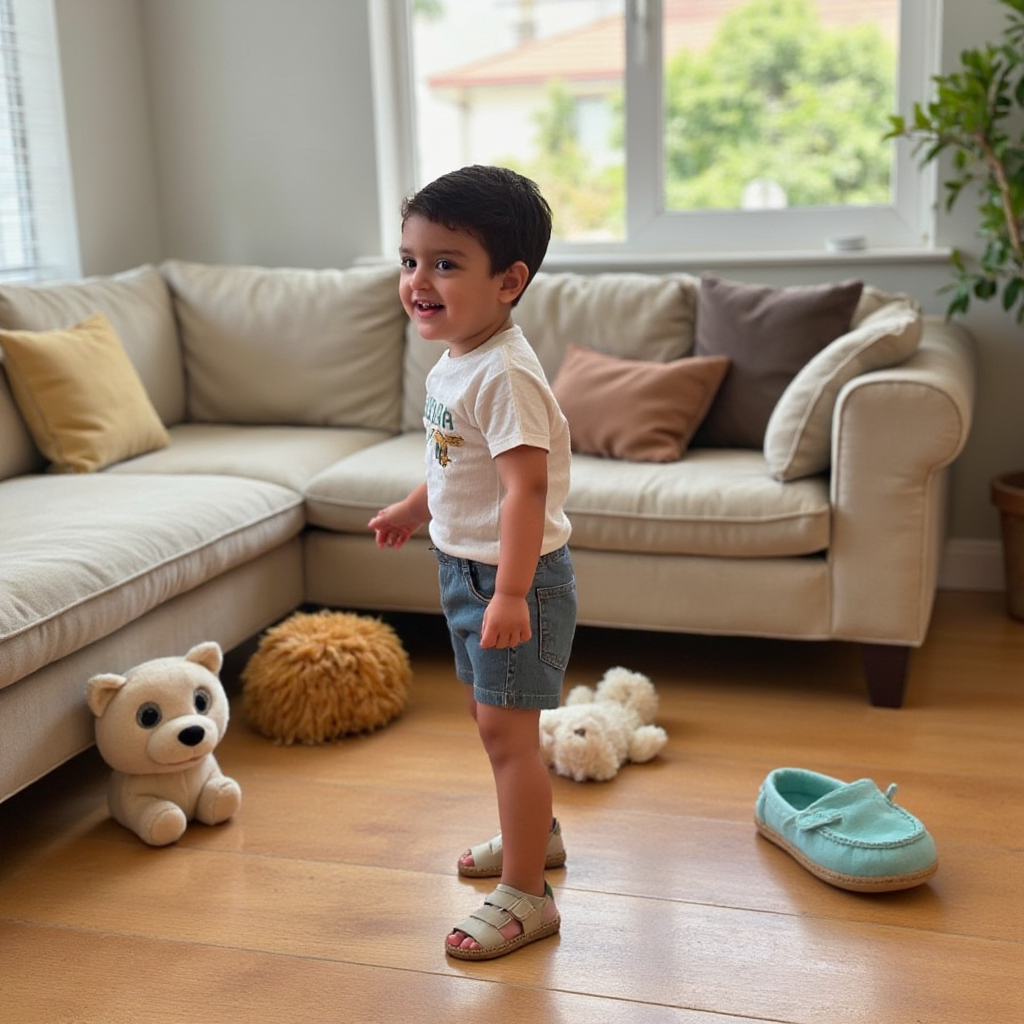 AI Headshot: A {prompt} child captured in a comfortable home environment with natural light streaming through large windows. The setting includes familiar household props—a cozy sofa, a scattering of soft toys, and casual family elements—emphasizing warmth and genuine interaction.