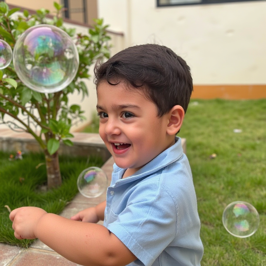 AI Headshot: A {prompt} child outdoors delighting in blowing bubbles, with a backdrop of a simple, well-kept garden. The floating bubbles add an element of magic and movement, capturing candid moments of pure joy and playful spontaneity.