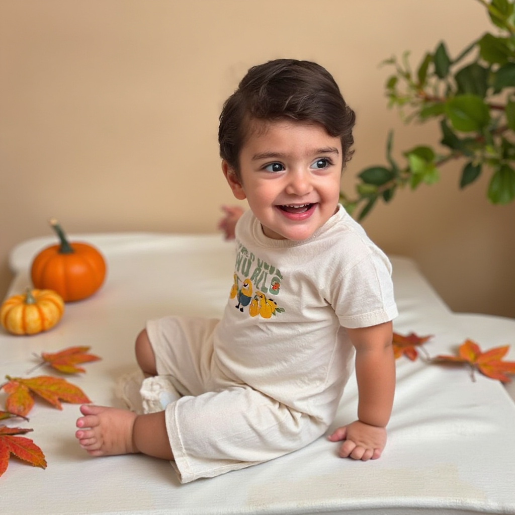 AI Headshot: A {prompt} child photographed in a seasonally inspired setup that remains neutral and elegant. For instance, an autumn session might showcase soft fall leaves and a couple of pumpkins in muted tones, while a spring session could feature blossoming trees and gentle pastel decor—all without leaning into any specific gendered elements.