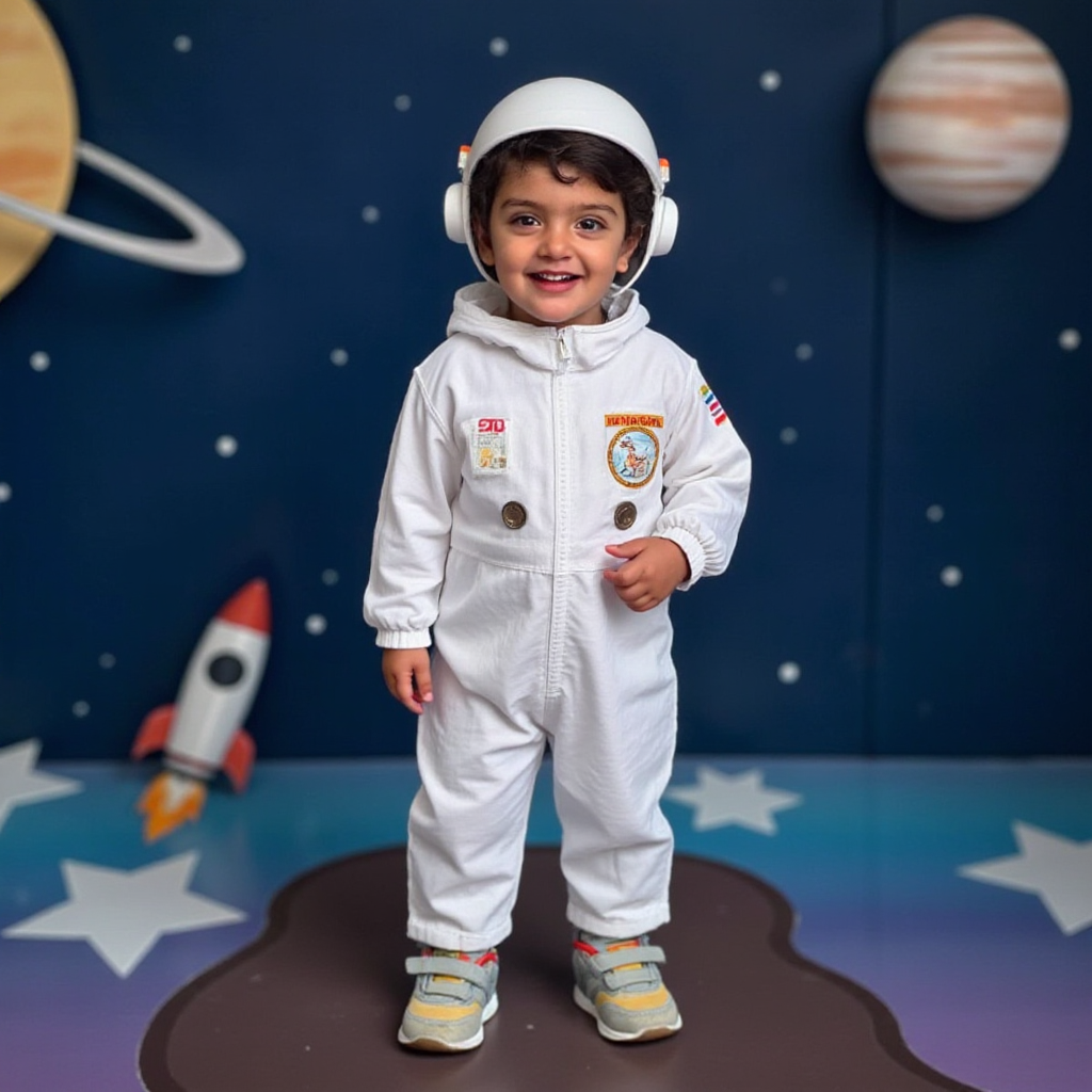 AI Headshot: A {prompt} child dressed in a full astronaut suit, posing as a brave space explorer. The backdrop features a starry sky, planets, and a hint of a rocket to evoke the wonder of outer space.