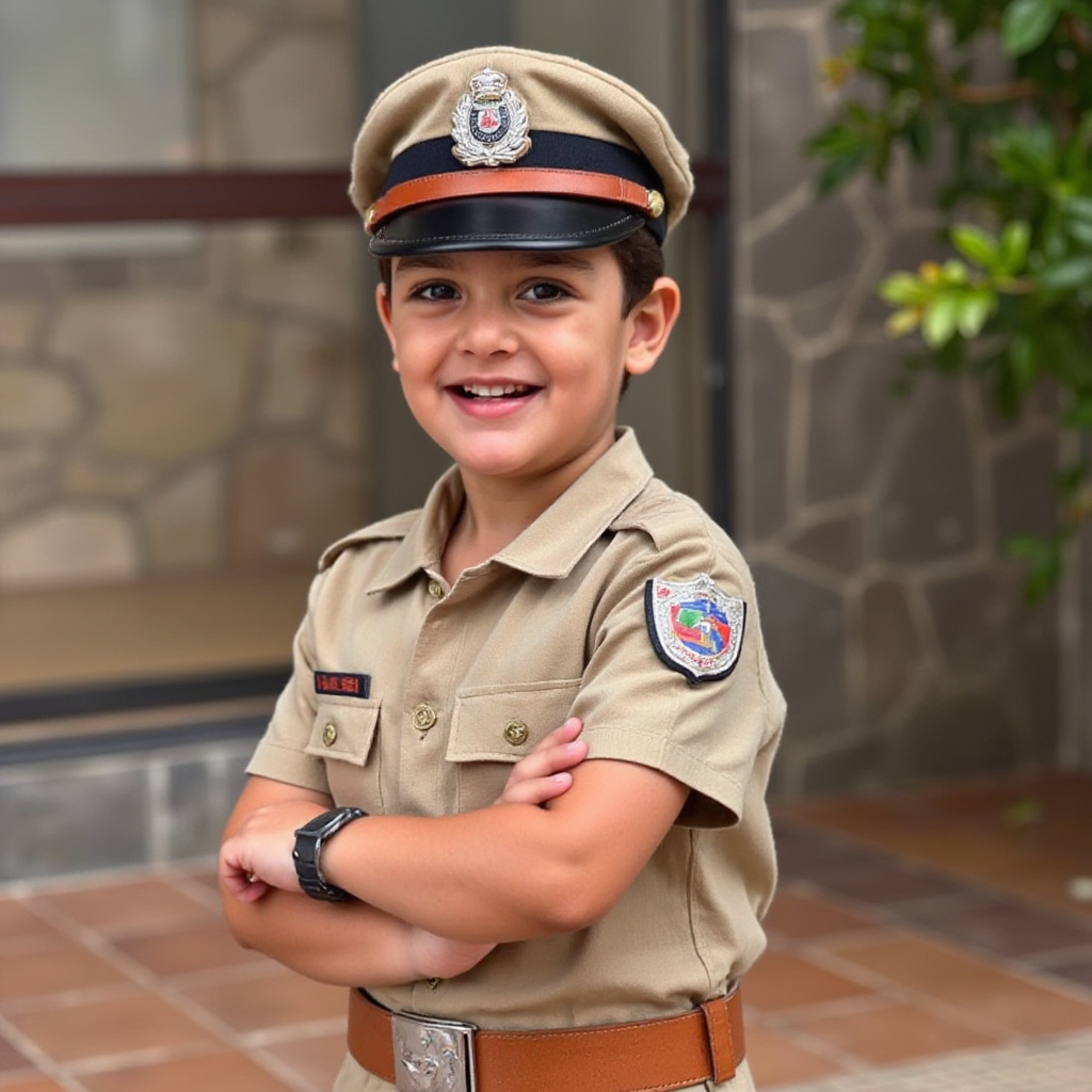 AI Headshot: A {prompt} child wearing a detailed Indian police uniform complete with a cap and badge. The setting includes subtle Indian motifs and hints of urban heritage, celebrating discipline and pride.