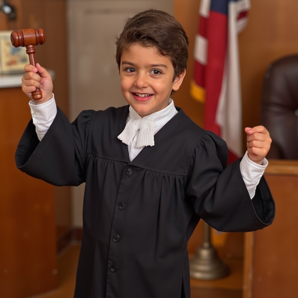 AI Headshot: A {prompt} child dressed as a judge, wearing a miniature judicial robe and holding a small gavel. The backdrop features a child-friendly courtroom setup with elements that evoke a sense of justice and authority.