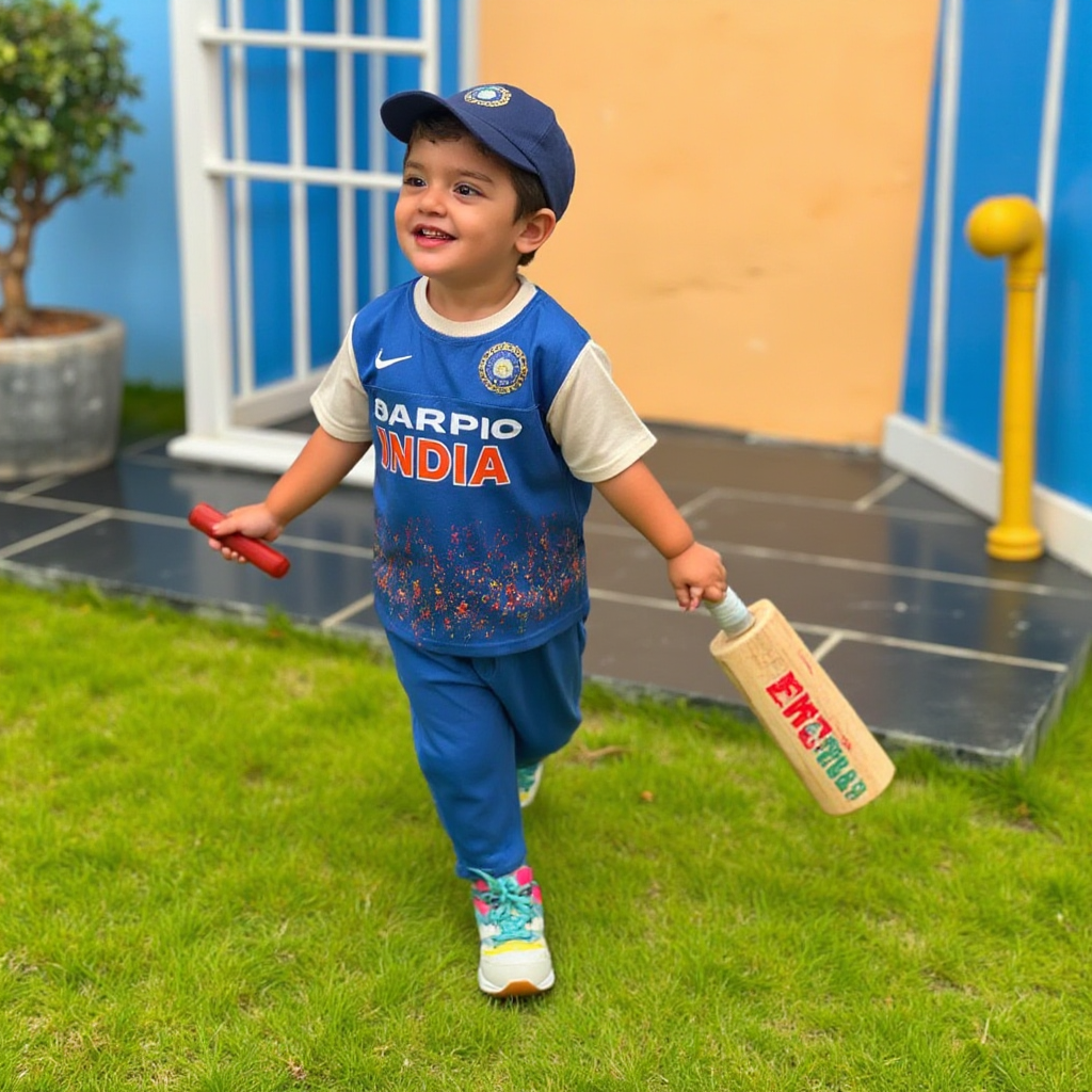 AI Headshot: A {prompt} child sporting an Indian cricketer outfit with a cap, jersey, and a mini bat. The backdrop is styled with cricket field elements and vibrant hints of Indian cricket culture, capturing the energy of the sport.