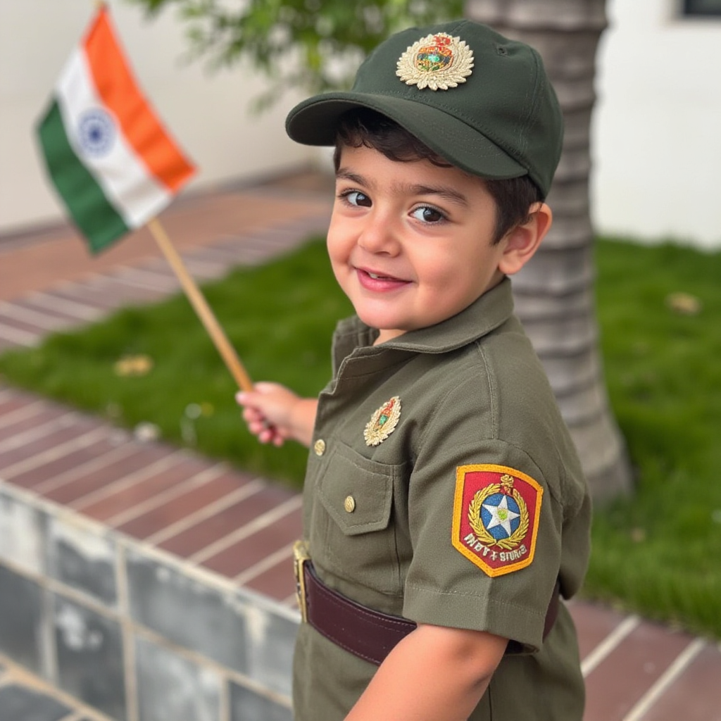 AI Headshot: A {prompt} child dressed in an Indian Army uniform complete with a cap and detailed insignia. The setting incorporates subtle military-themed props and an outdoor backdrop reflecting discipline, courage, and patriotism.