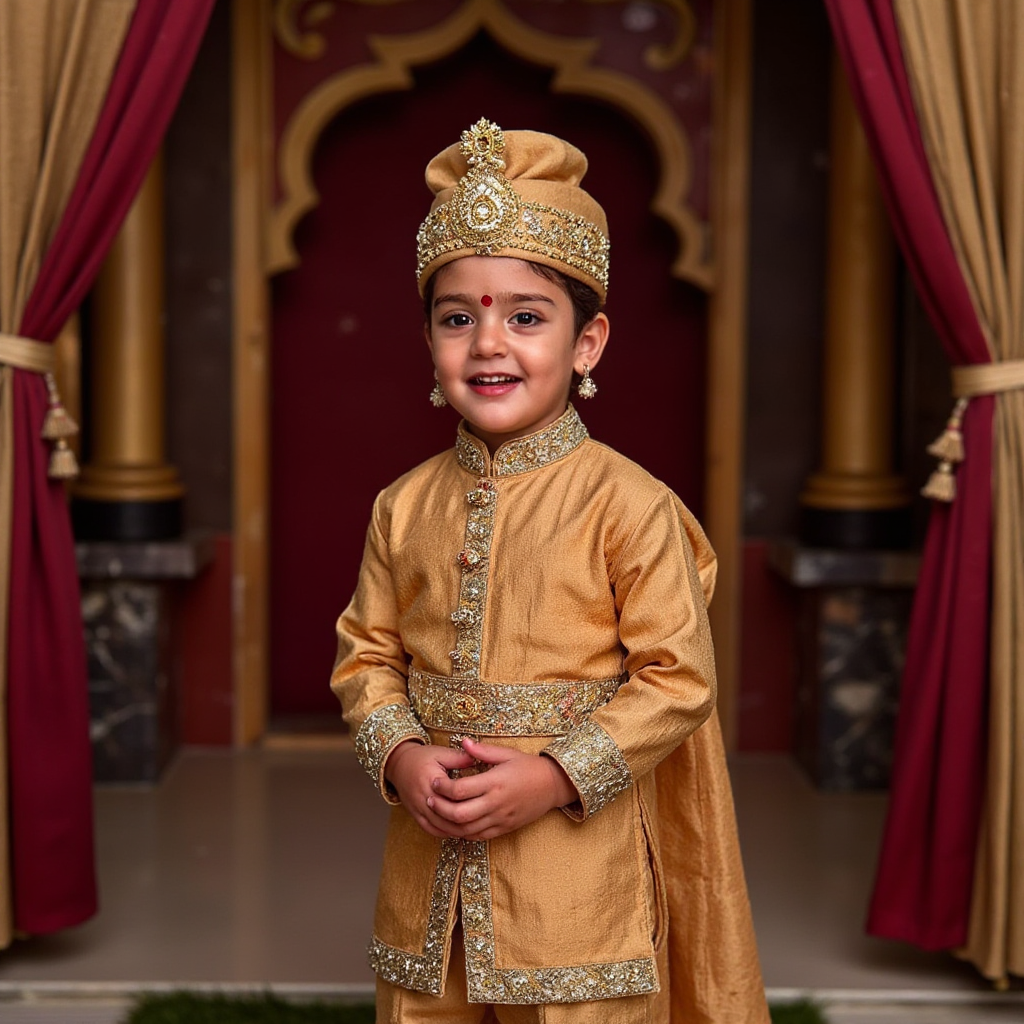 AI Headshot: A {prompt} child adorned in traditional royal attire inspired by Indian heritage. The costume features rich fabrics, intricate details, and regal accessories against a backdrop of majestic drapery and historic motifs.