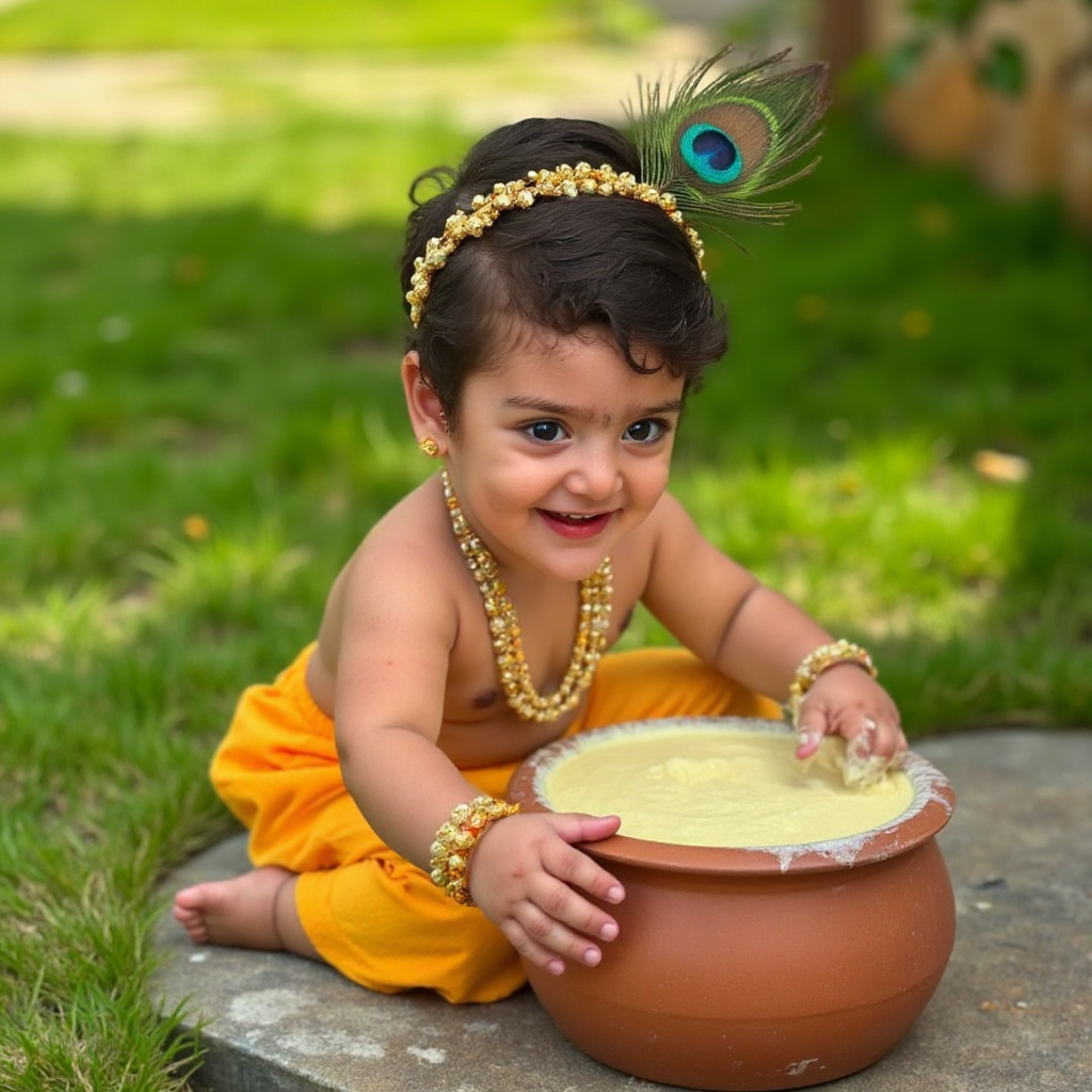 AI Headshot: A charming {prompt} child dressed as LittleKrishna, playfully reaching for a large earthen pot overflowing with fresh, creamy butter, a radiant smile, and is adorned with traditional golden jewelry, a delicate peacock feather crown, and a bright yellow dhoti. Lush greenery and gentle sunlight in the background enhance the divine mischief as his tiny hands smudge butter joyfully.