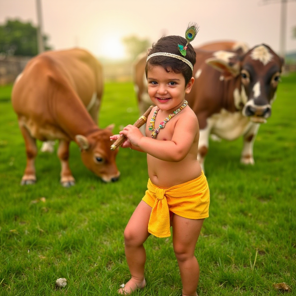 AI Headshot: A delightful {prompt} child dressed as Little Krishna, standing gracefully in a lush meadow, playing a small flute. The child wears a vibrant yellow dhoti, adorned with traditional jewelry, and a peacock feather crown. Around them, cows graze peacefully, and the gentle light of the setting sun casts a warm glow, capturing the serene and musical essence of Krishna's bond with nature.