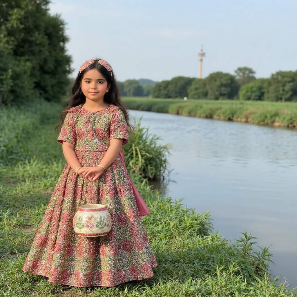 AI Headshot: A {prompt} girl dressed as a Gopika, adorned in a vibrant lehenga choli with intricate embroidery, complemented by traditional jewelry and a floral garland in her hair. She stands beside a serene riverbank, holding a decorated pot, with the backdrop of lush greenery and distant temple spires, capturing the essence of devotion and grace.