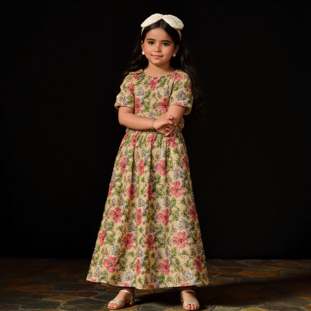 AI Headshot: A {prompt} child dressed in a glamorous Bollywood-inspired costume, complete with vibrant accessories and a sparkling outfit. The backdrop uses dramatic lighting and cinematic elements reminiscent of classic Bollywood films.