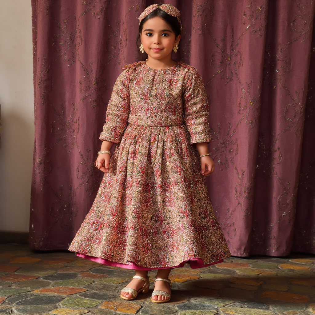 AI Headshot: A young Indian child dressed in traditional indian  dance attire  (or Kathak, Odissi, etc.), wearing an ornate silk costume with vibrant colors, pleated fan-like design, and intricate gold embroidery. The child is adorned with delicate temple jewelry, including a maang tikka, jhumkas, bangles, and anklets with ghungroos. Expressive makeup highlights the eyes with kohl, a red bindi, and alta on the hands and feet. The backdrop features soft silk drapes, rangoli patterns, and traditional motifs inspired by Indian culture, celebrating the beauty and grace of classical dance in a lively and joyful manner