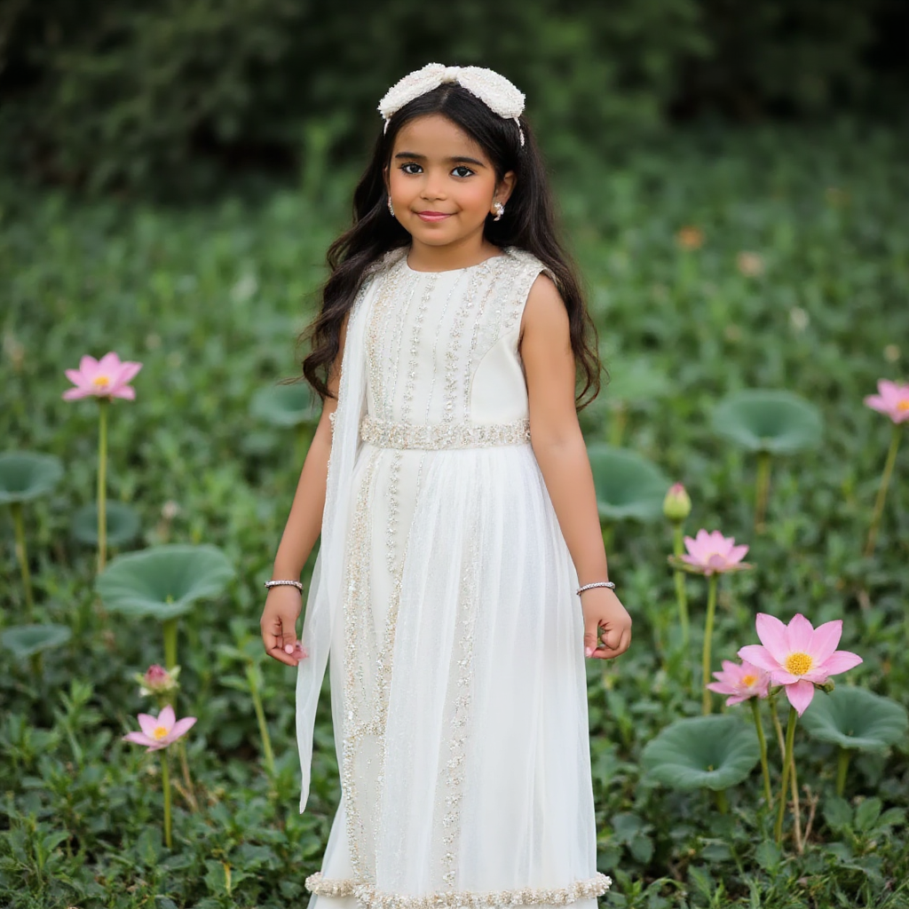 AI Headshot: A {prompt} girl portraying the hindu  goddess , dressed in a pristine white saree with gold borders. She is adorned with delicate jewelry and a lotus garland, set against a backdrop of blooming lotuses and a gentle flowing river, symbolizing wisdom and purity.