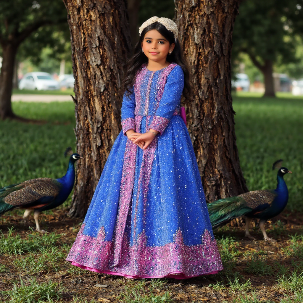 AI Headshot: A {prompt} girl dressed in a royal blue and pink ghagra choli with intricate golden embroidery. She wears large, dangling earrings, a pearl necklace, and an ornate gold headpiece with a delicate chain resting on her forehead. Her long hair is braided and adorned with fresh flowers. She holds a garland of fragrant jasmine and rose petals in her hands, standing under a large, ancient banyan tree. A few peacocks are seen nearby, their iridescent feathers shimmering in the sunlight. In the background, a small temple structure with carved pillars can be seen, adding to the mystical ambiance.