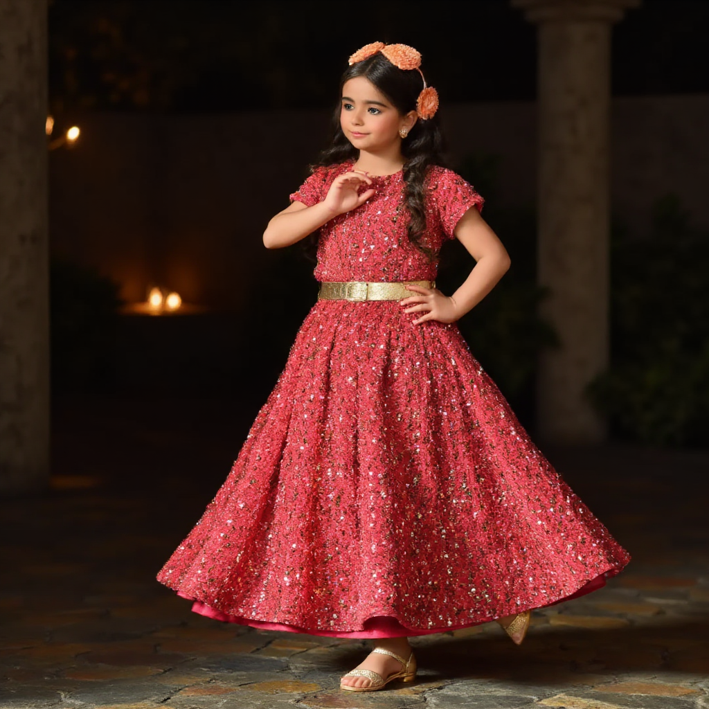 AI Headshot: A {prompt} girl dressed in a traditional South Indian Bharatnatyam dance costume, which consists of a brightly colored silk outfit in shades of red and gold, pleated at the waist to allow for graceful movement. Her jewelry includes a golden waistband, armlets, bangles, and a maang tikka. Her hair is tightly braided and adorned with fresh orange and white flowers. She strikes a classical dance pose with her hands forming a mudra, standing in front of an ancient temple with oil lamps casting a warm glow on the stone floor.