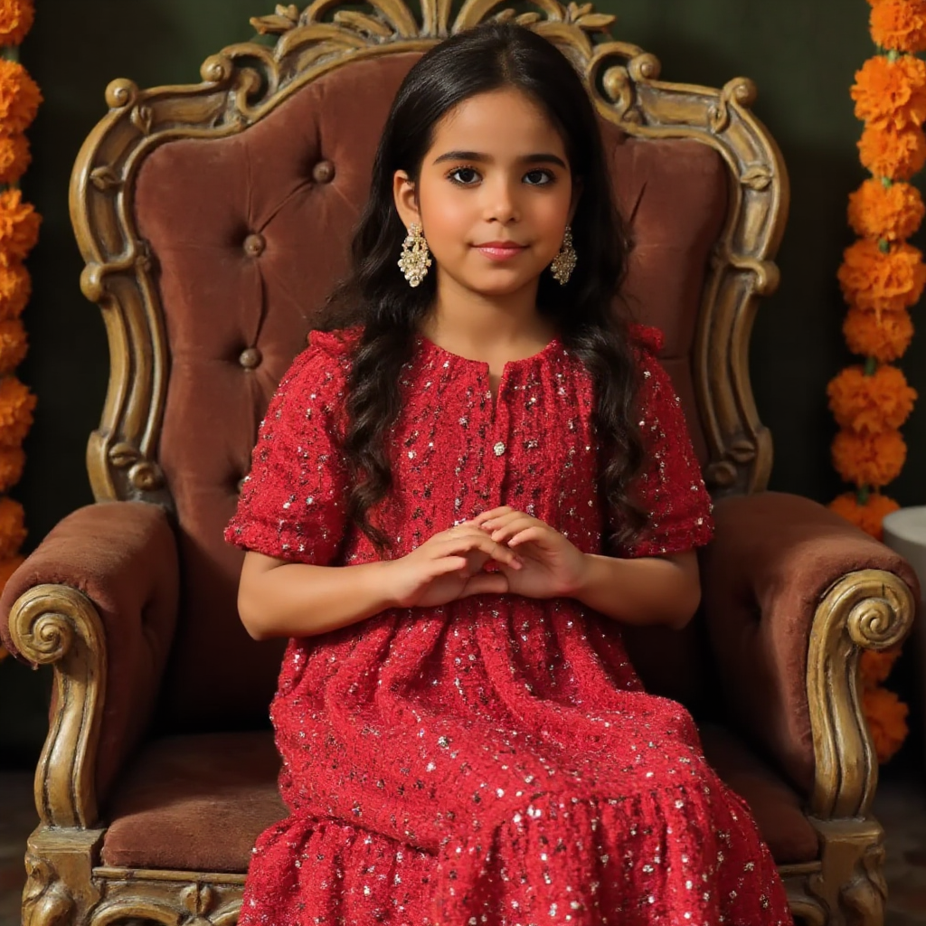 AI Headshot: A {prompt} girl dressed in a traditional red silk saree with intricate golden embroidery, seated on an ornate throne in a temple, and she wears a delicate golden nose ring connected to her earrings by a fine chain. She has a calm expression as she offers blessings to devotees gathered around her. The temple walls are decorated with marigold garlands, and oil lamps cast a warm golden glow, enhancing the sacred atmosphere.