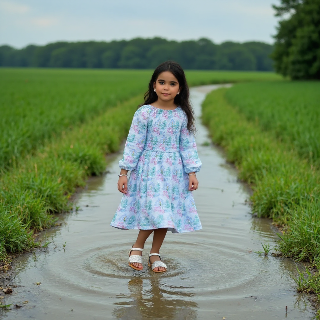 AI Headshot: A {prompt} girl in a light blue and pink cotton dress, close up shot , spinning in joy as she plays in the rain. Her wet hair clings to her face, and she is twirling barefoot in the muddy fields. The raindrops create ripples in the puddles, and the backdrop features lush green rice fields stretching into the horizon, with dark rain clouds above adding to the monsoon charm.