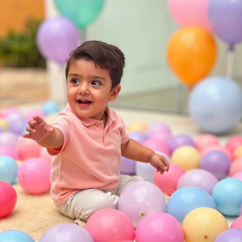 AI Headshot: A {prompt} child surrounded by a sea of vibrant balloons in various pastel and bright colors. The child is sitting on a soft mat, reaching out towards the floating balloons with wide eyes full of joy. The scene is illuminated with soft natural lighting, creating a dreamy and cheerful atmosphere. The background is softly blurred, emphasizing the child's happy expressions and the colorful playfulness of the moment.