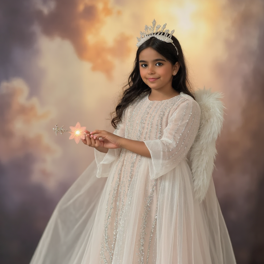 AI Headshot: A {prompt} child dressed as a delicate angel, wearing a soft white or pastel dress with gentle feathered wings attached to their back. A tiny shimmering crown rests upon their head, and they hold a glowing star in their tiny hands. The background is a dreamy, slightly blurred celestial-like setting with hints of golden light filtering through fluffy clouds, creating an ethereal and heavenly feel.