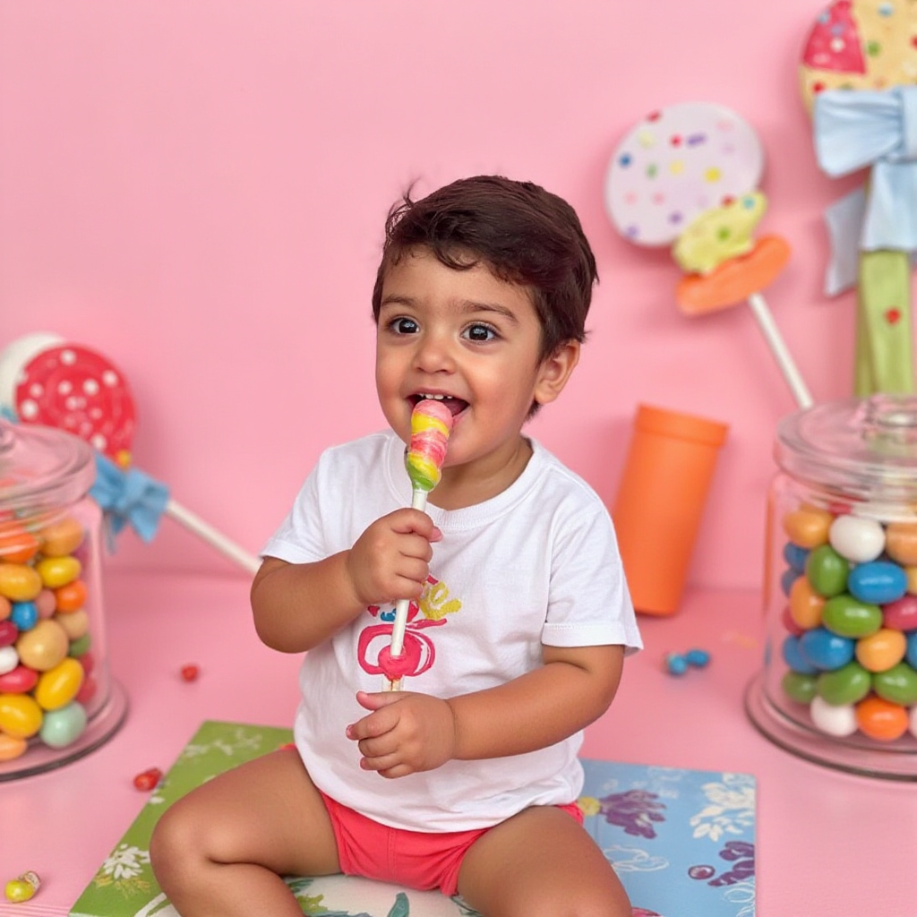 AI Headshot: A {prompt} child sitting joyfully in a colorful candy-themed setup, surrounded by oversized lollipops, candy jars filled with bright jelly beans, and a soft pastel backdrop. The child is gleefully biting into a large swirl lollipop, their eyes wide with delight as they experience the sweet, playful atmosphere.