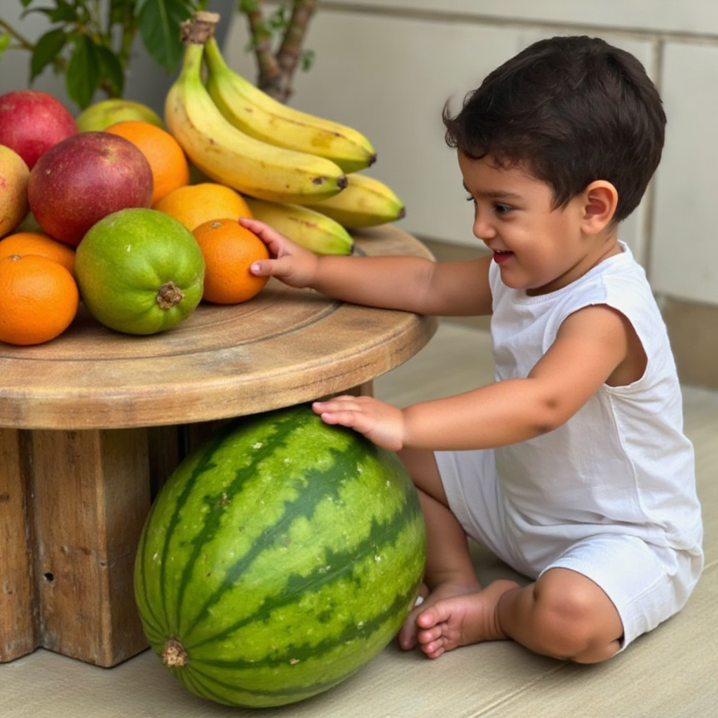 AI Headshot: A {prompt} child sitting beside a large, ripe watermelon, gazing at it with curiosity. The child reaches out to touch the fruit, their tiny fingers pressing into the bright green rind. In the background, a rustic wooden table holds an assortment of fresh tropical fruits such as mangoes, bananas, and oranges, creating a natural and refreshing atmosphere.