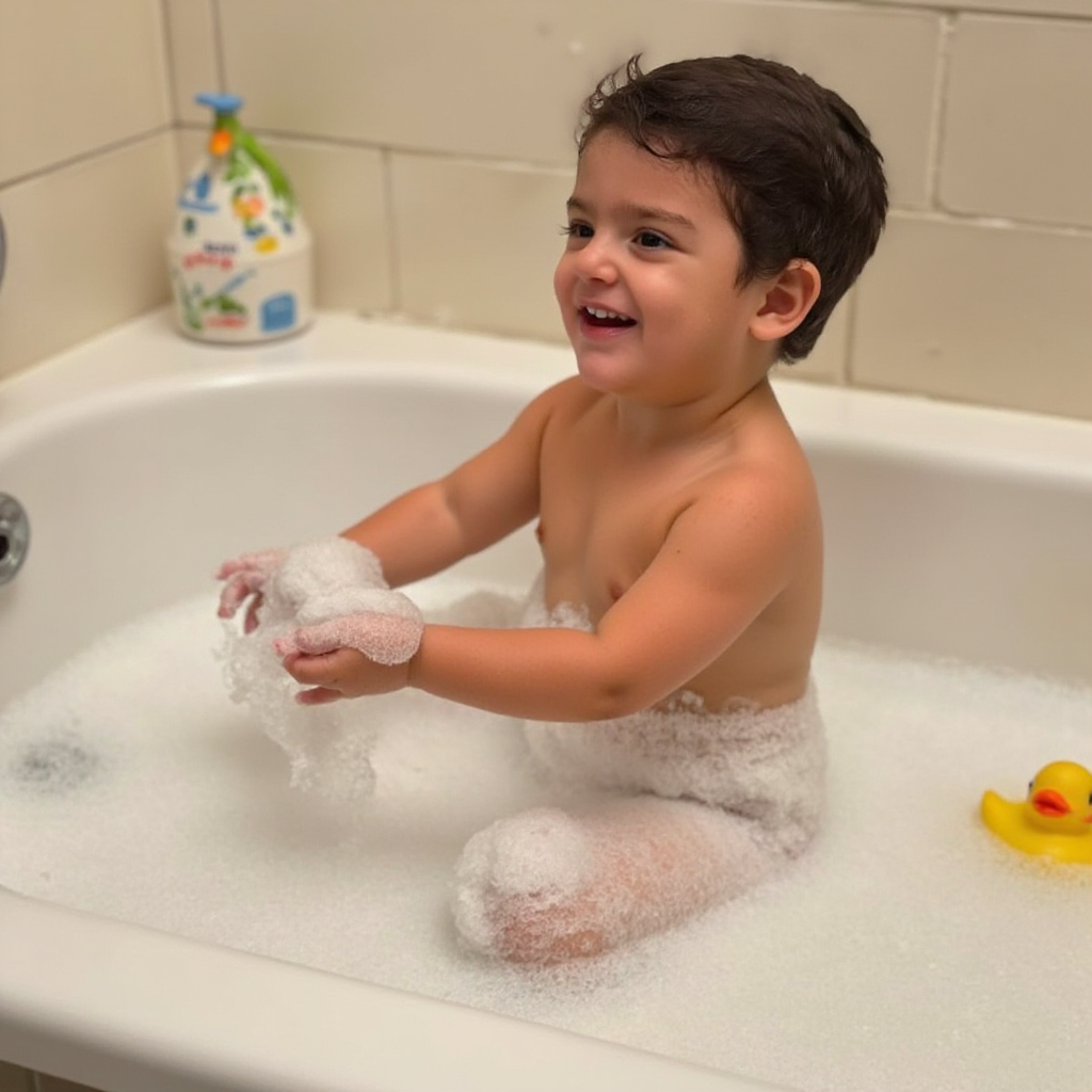 AI Headshot: A {prompt} child sitting in a foamy bubble bath, giggling as they pop soap bubbles floating around them. The scene is filled with soft, warm lighting, highlighting the child’s wet curls and the playful sparkle in their eyes. The bathtub is classic white, and rubber ducks float in the water, adding an extra touch of innocence and joy.