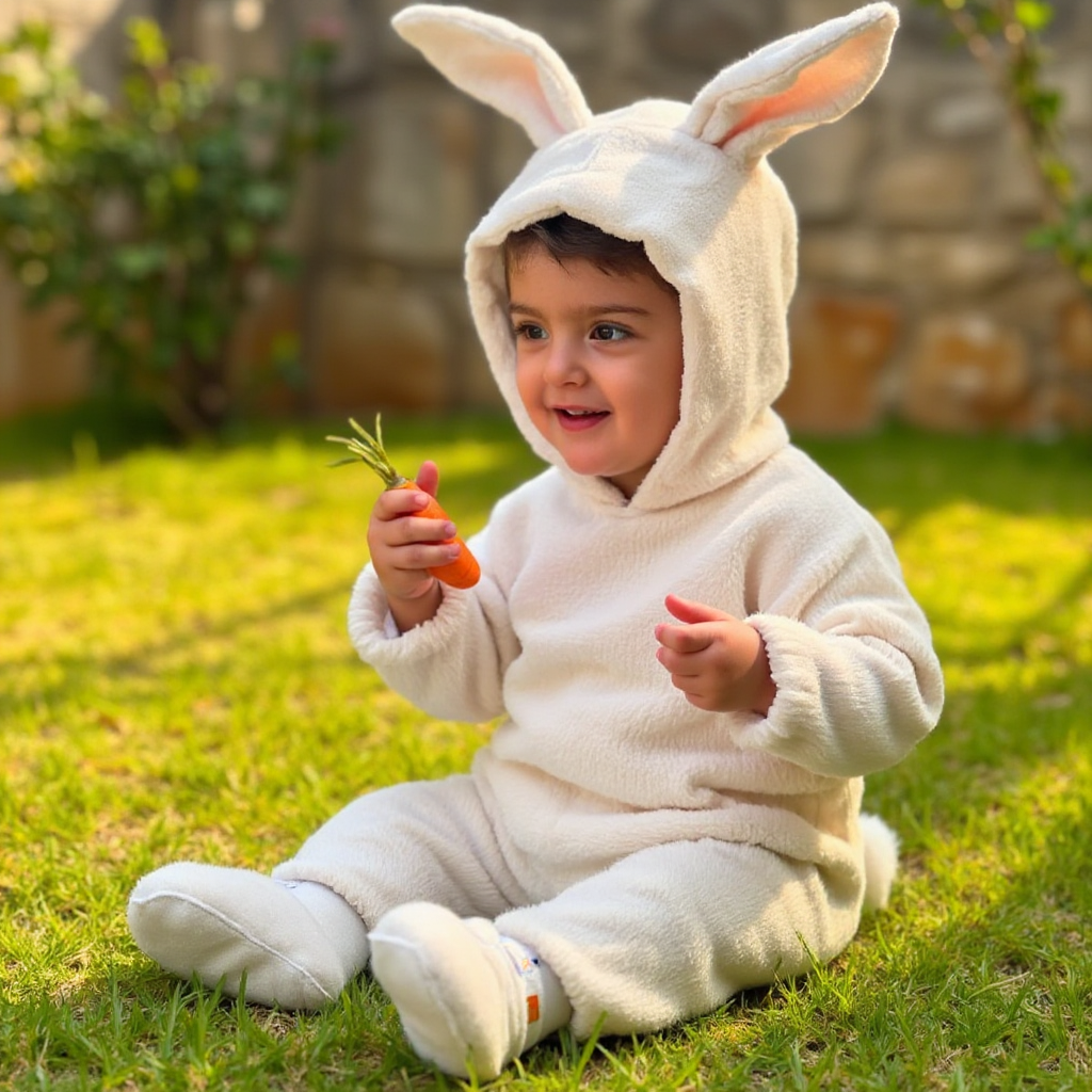 AI Headshot: A {prompt} child dressed in an adorable fluffy bunny costume, complete with long soft ears and a tiny tail. The child is sitting on a grassy field, holding a small carrot, looking at it with wide-eyed curiosity. The background consists of gentle golden sunlight filtering through trees, giving a warm, playful, and springtime feel to the image.