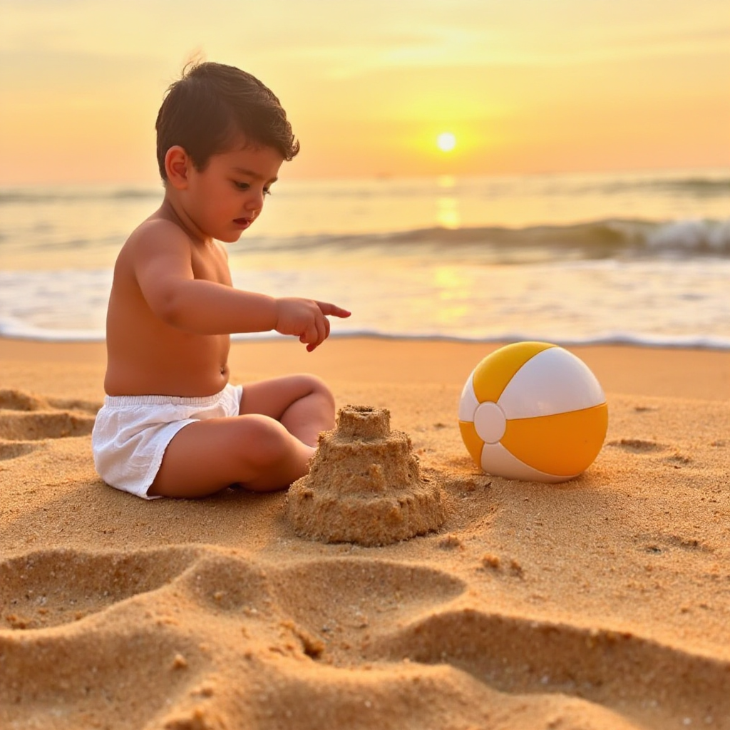 AI Headshot: A {prompt} child sitting on soft golden sand at the beach, their tiny fingers tracing patterns in the grains. A small sandcastle sits beside them, and a brightly colored beach ball is nearby. The ocean waves gently roll in the background, and the golden hues of a setting sun cast a magical glow over the entire scene.