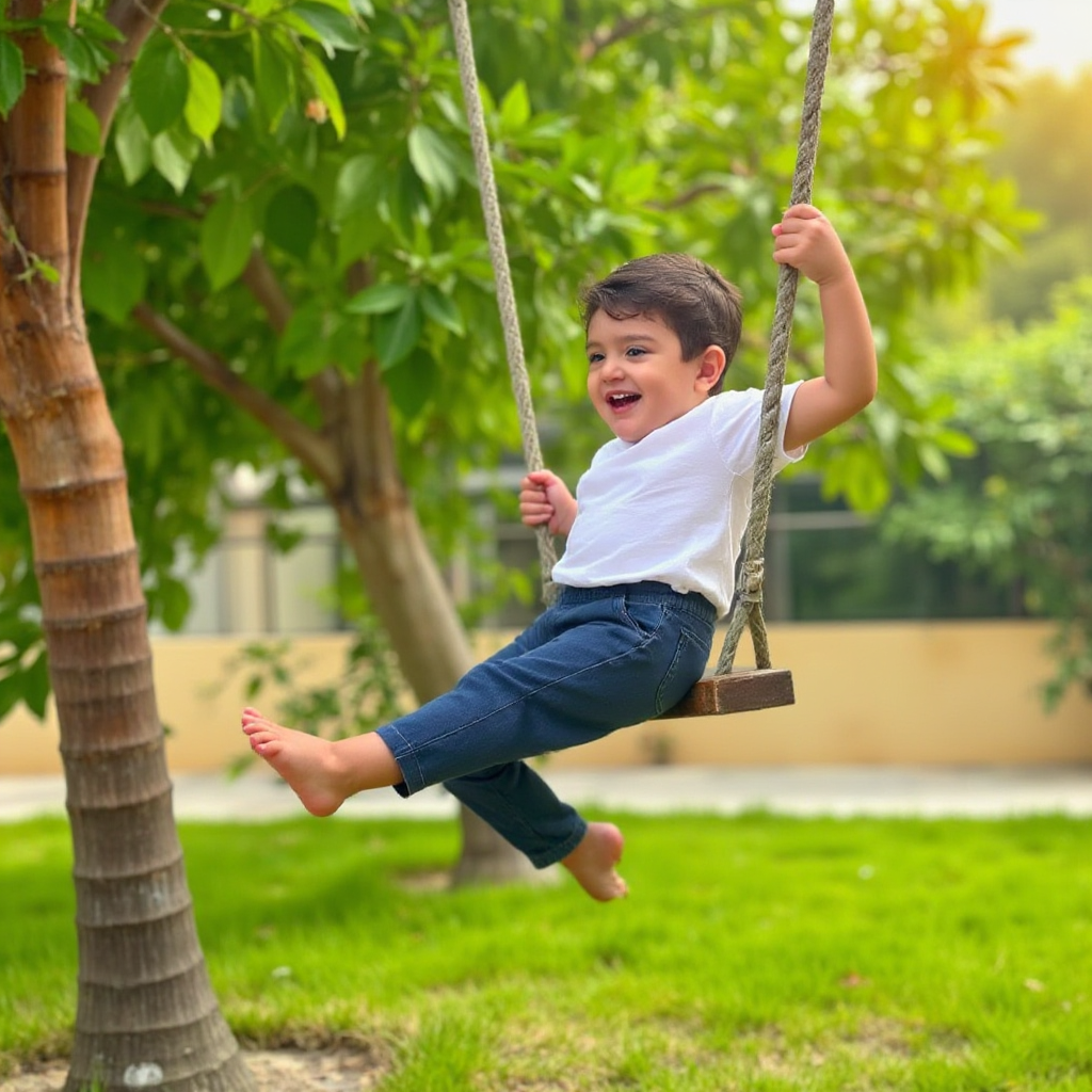 AI Headshot: A {prompt} child captured mid-air on a wooden swing, their laughter echoing as they soar higher with each push. Their tiny feet dangle, and the motion of the swing creates a sense of freedom and joy. The background consists of a lush green park with soft sunlight filtering through the leaves, adding warmth and natural beauty to the moment.