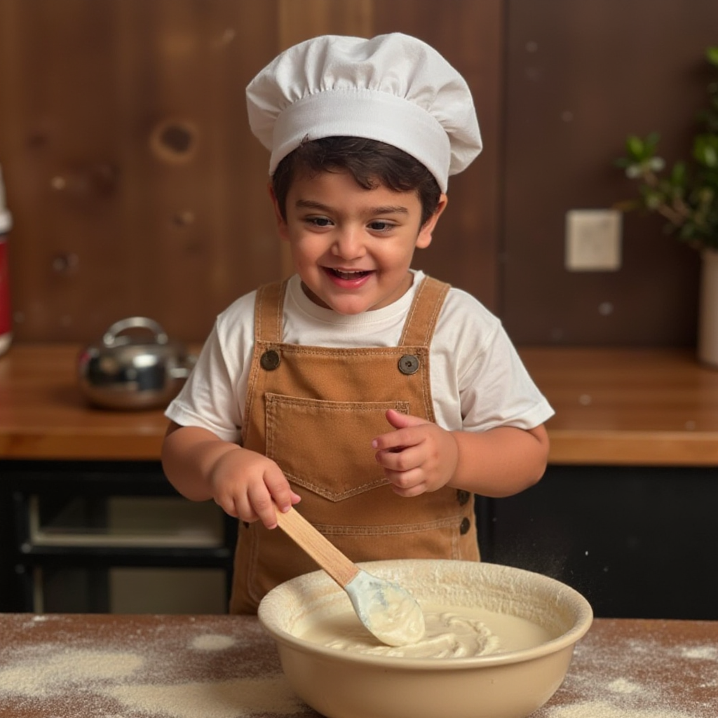 AI Headshot: A {prompt} child dressed in an adorable chef’s apron and hat, standing in a cozy kitchen setting. The child holds a wooden spoon, attempting to mix a bowl of batter while tiny flour clouds rise around them. Their face shows concentration and excitement as they explore the joy of cooking. The background is softly lit with warm, rustic tones, creating a homely, playful scene.