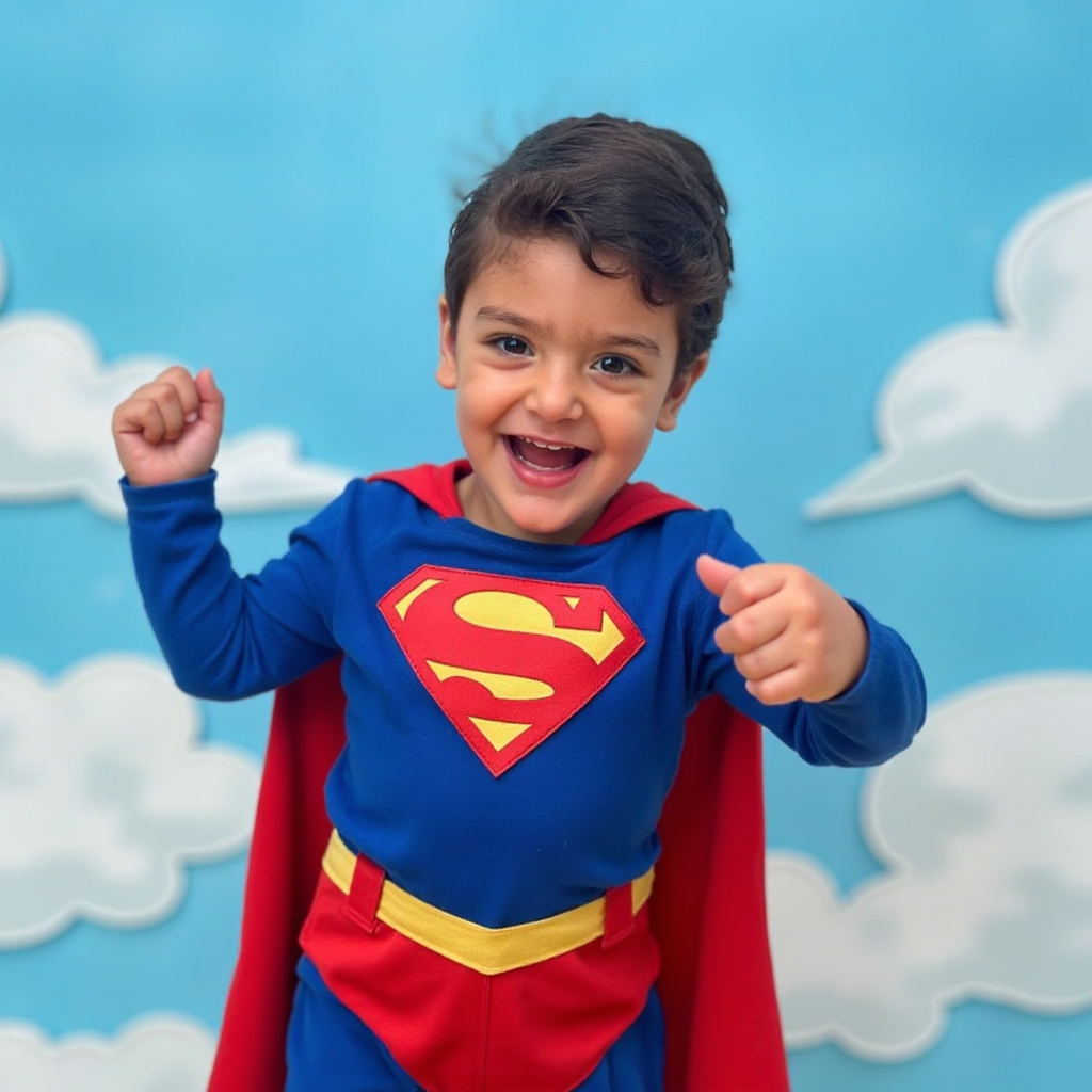 AI Headshot: A {prompt} child wearing a vibrant Superman-inspired costume complete with a red cape, blue suit, and a bold emblem. The child strikes a dynamic, exaggerated pose with a wide, mischievous grin, as if ready to take flight. The background is playful, featuring soft, cartoon-like clouds and a bright blue sky that evoke a sense of adventure and fun.