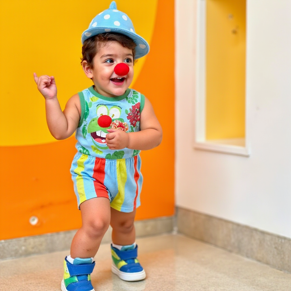 AI Headshot: A {prompt} child dressed in a colorful clown costume featuring oversized shoes, a big red nose, and a polka-dotted hat. The child is caught in a spontaneous moment of laughter, with playful, exaggerated gestures that capture the essence of joyful silliness. The setting is bright and fun, with a soft, blurred background that emphasizes the child's happy expression.