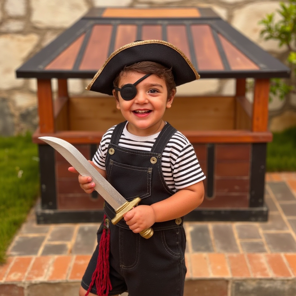 AI Headshot: A {prompt} child in a playful pirate outfit, complete with a tattered hat, an eye patch, and a toy sword. The child stands on a makeshift wooden deck with a treasure chest in the background, exuding mischief and adventure. The scene is set in warm, soft light, capturing the carefree spirit of a young buccaneer in a fun, nautical setting.