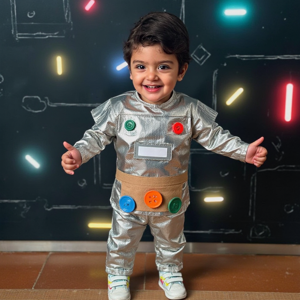 AI Headshot: A {prompt} child wearing a homemade robot costume made of shiny aluminum foil, cardboard panels, and colorful buttons. The child strikes a funny, mechanical pose with a playful expression. The background features subtle futuristic elements like soft glowing lights and circuit patterns, adding a humorous sci-fi twist.