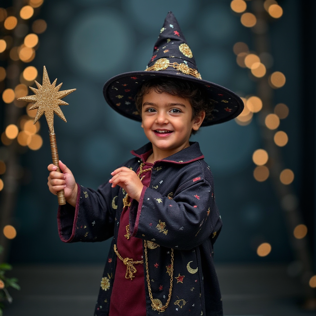 AI Headshot: A {prompt} child dressed in a whimsical wizard costume featuring a tall, pointed hat decorated with stars and moons, a flowing robe with mystical patterns, and a glittering magic wand in hand. The child strikes a playful pose as if casting a spell, with soft magical sparkles and twinkling lights in the background creating an enchanting atmosphere.