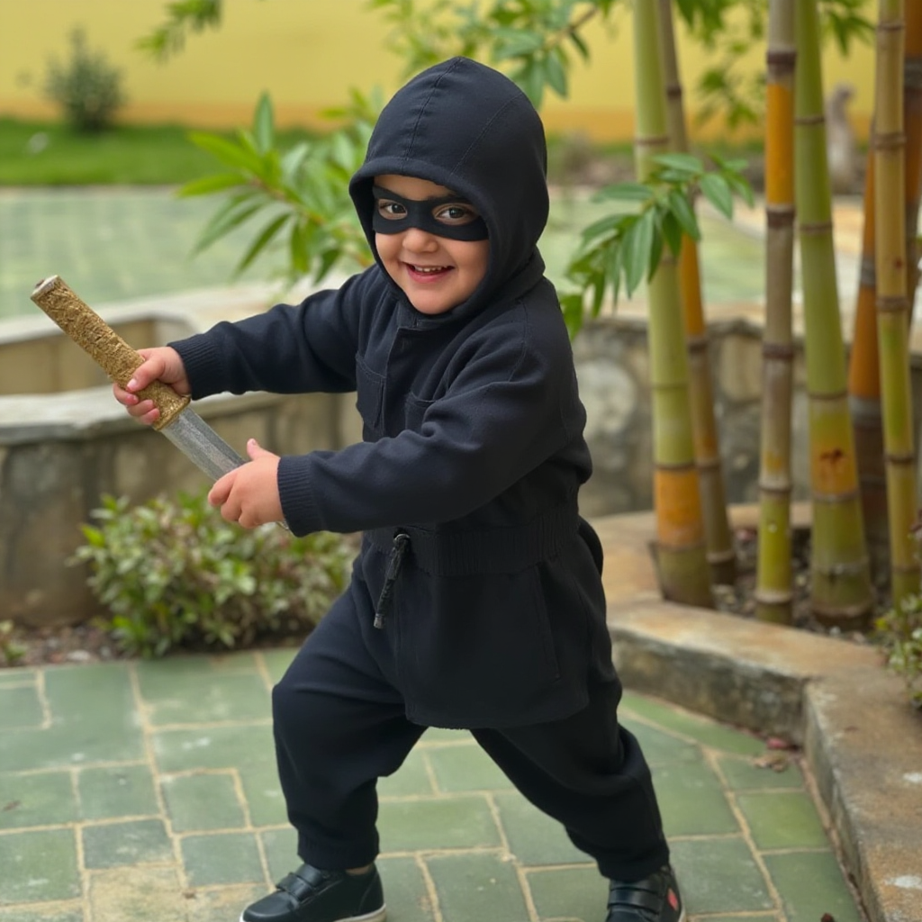 AI Headshot: A {prompt} child dressed in a cute ninja outfit complete with a soft mask and a miniature toy katana. The child is captured in a playful, stealthy pose as if sneaking around with a cheeky smile. The background is a gently blurred garden with hints of bamboo, evoking an adventurous yet lighthearted martial arts vibe.