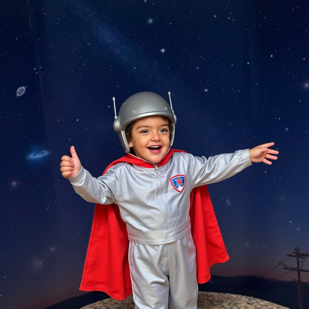 AI Headshot: A {prompt} child dressed in a playful astronaut costume complete with a shiny helmet, a silver jumpsuit, and a vibrant red cape. The child poses as if ready for blast-off, with a mischievous grin and outstretched arms. The background features a starry sky with subtle nebula effects and floating space props, creating a fun and imaginative space adventure.