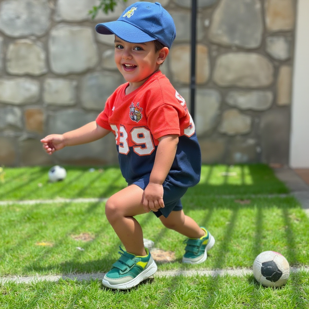 AI Headshot: A {prompt} child dressed in an exaggerated sports outfit featuring an oversized jersey with a large number, vibrant sneakers, and a comically big cap. The child strikes a dynamic pose on a playful sports field with props like a mini trophy or foam ball, exuding energy and joyful athleticism in a fun, light-hearted manner.