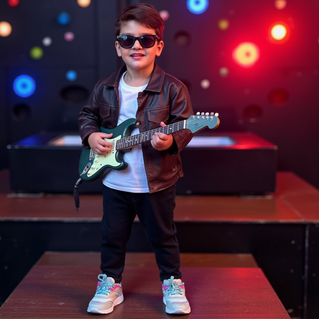 AI Headshot: A {prompt} child dressed as a mini rock star, sporting a faux leather jacket, funky sunglasses, and holding a toy electric guitar. The child poses with energetic confidence on a small stage set, with colorful lights and subtle musical notes in the background, creating a lively and playful atmosphere.