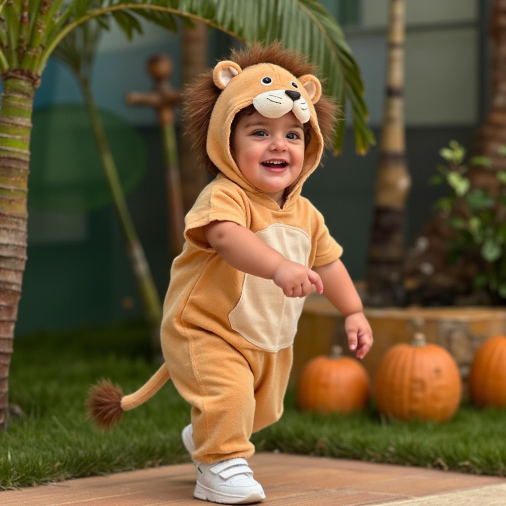 AI Headshot: A {prompt} child dressed in a playful animal costume,  lion suit with exaggerated ears, a fun tail, and a whimsical mask. The child is captured in a silly pose in a soft-focus jungle-themed setting with hints of greenery and playful props, emphasizing the fun and carefree spirit of childhood.