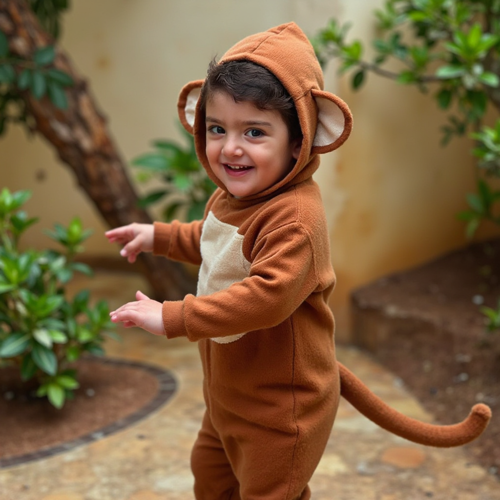 AI Headshot: A {prompt} child dressed in a playful  monkey suit with exaggerated ears, a fun tail. The child is captured in a silly pose in a soft-focus jungle-themed setting with hints of greenery and playful props, emphasizing the fun and carefree spirit of childhood.