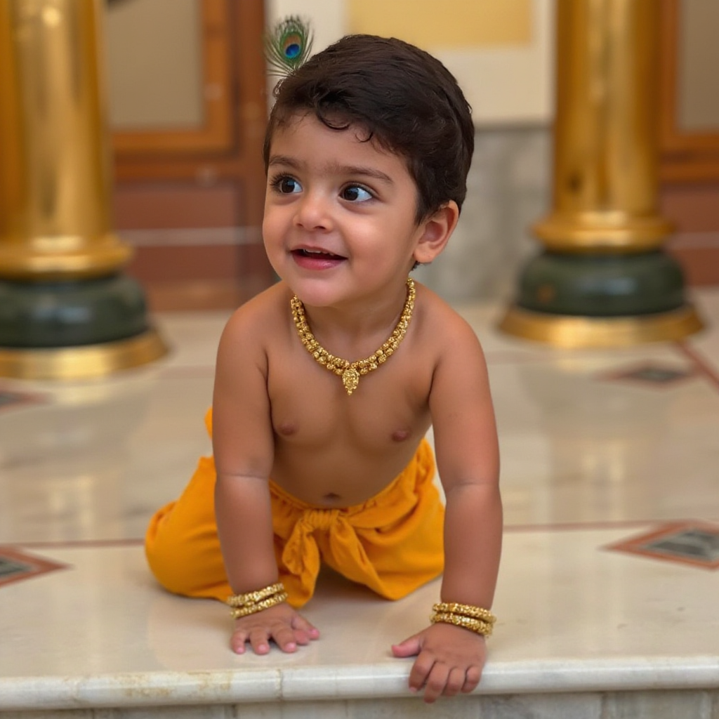 AI Headshot: A {prompt} child dressed as LittleKrishna, crawling on a reflective marble floor inside an ornate palace with golden pillars. The child has large expressive eyes, curly black hair adorned with a peacock feather, and wears traditional golden jewelry, including necklaces, bangles, and armlets. Draped in a bright yellow dhoti, the child’s expression is innocent and playful. The scene is illuminated with soft, divine lighting, enhancing the fantasy-like aesthetic.