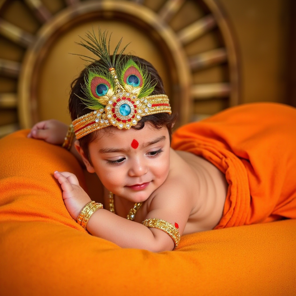 AI Headshot: A {prompt} child dressed as LittleKrishna, peacefully sleeping against soft, luxurious golden-orange fabric. The child wears an elaborate golden crown decorated with peacock feathers and gemstones, with a distinctive red tilak mark on the forehead. Intricate gold jewelry adorns the infant’s neck and wrists, and an ornate golden frame is subtly visible in the background. The entire scene exudes divine serenity and traditional Hindu iconography.