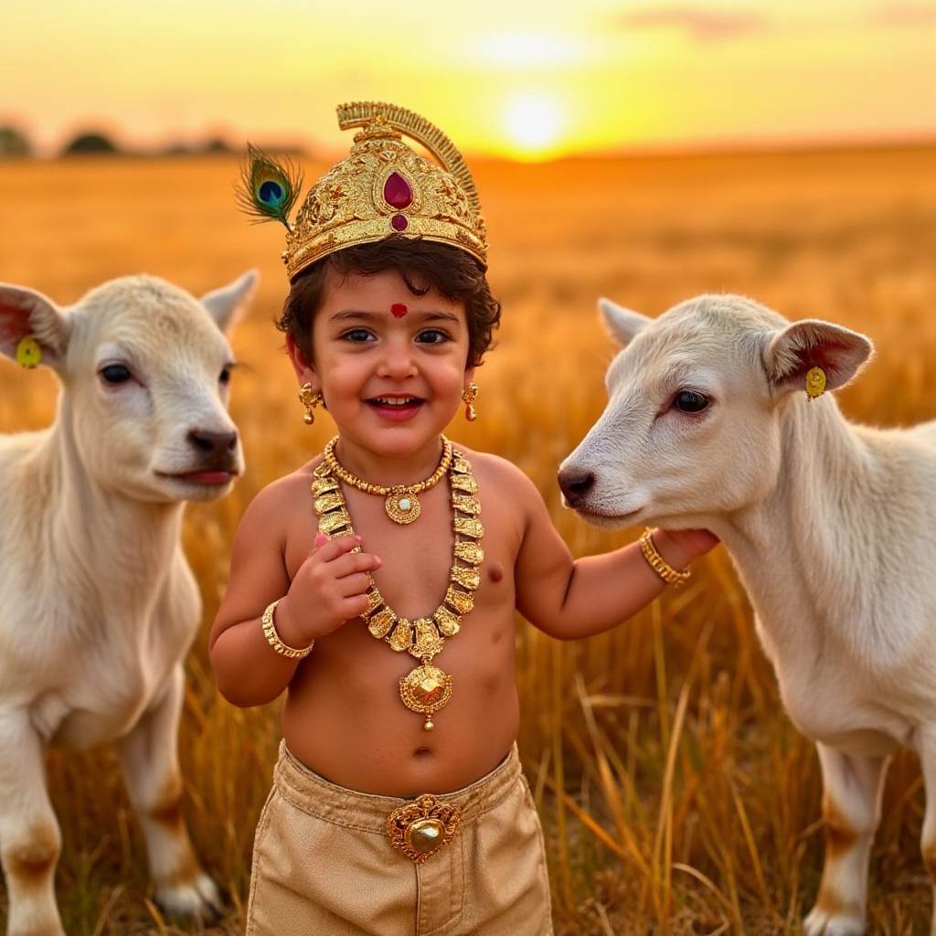 AI Headshot: A {prompt} child dressed as LittleKrishna, standing amidst golden wheat fields at sunset. The child wears an elaborate golden crown with a peacock feather and gemstone, a red tilak mark on the forehead, and intricate gold jewelry adorning the neck, ears, and wrists. Two white calves gaze up at the child with adoration, symbolizing his divine connection to nature. The warm golden hour light bathes the scene, enhancing the magical, serene atmosphere.