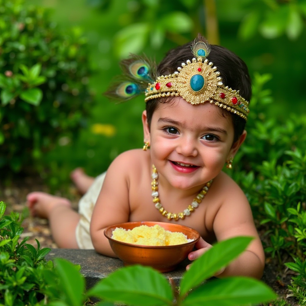 AI Headshot: A {prompt} child dressed as LittleKrishna, playfully lying amidst lush green foliage. The child wears an elaborate golden crown adorned with peacock feathers and gemstones, along with natural earrings framing the face. Resting on one arm with a charming smile, the child is placed near a golden bowl of butter or sweet offerings. The verdant background enhances the divine child's playful nature, creating a scene full of joy and innocence.