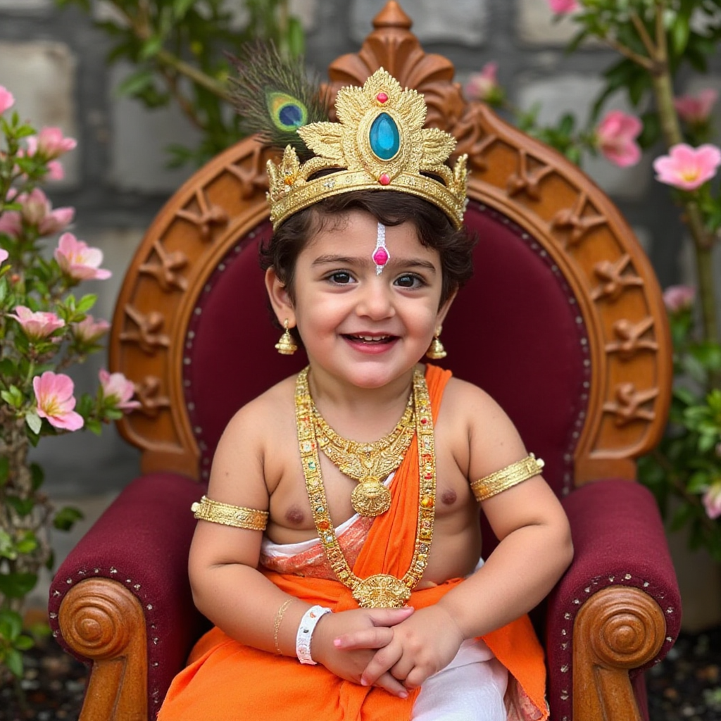 AI Headshot: A {prompt} child dressed as LittleKrishna, seated regally on an intricately carved wooden throne. The child wears an elaborate golden crown with peacock feathers and a central blue gemstone, with a distinctive pink and white tilak mark on the forehead. Draped in traditional saffron and white garments, the child sits in a royal posture, adorned with intricate gold jewelry on the neck, ears, arms, and wrists. Surrounding the throne is a beautiful flower garden with soft pink blooms, enhancing the tranquil majesty of the scene.